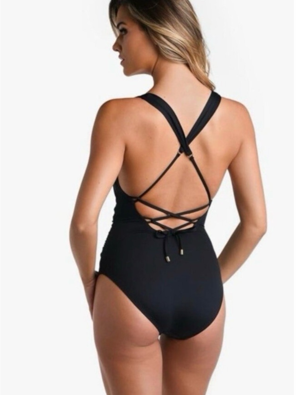 NWT La Blanca Goddess Black V-Neck One-Piece Swimsuit Sz US 6 - Picture 2 of 10